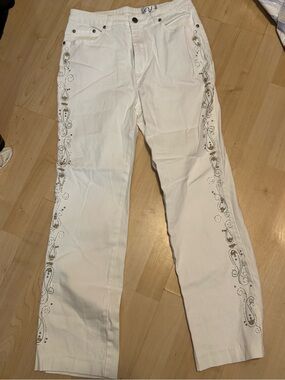 Variations White Straight-Leg Jeans with Metallic Paisley Side Trim